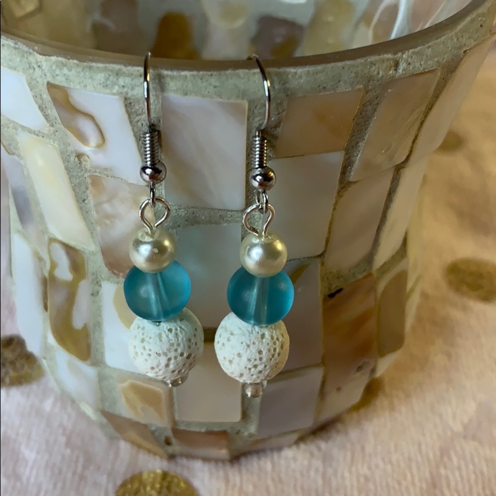 Pearl sea glass and lava bead dangle earrings
